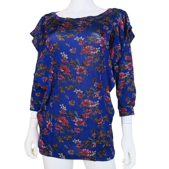 Free People Dock Street Ruffle Blouse Blue Floral Top Women's Medium - Picture 2 of 4